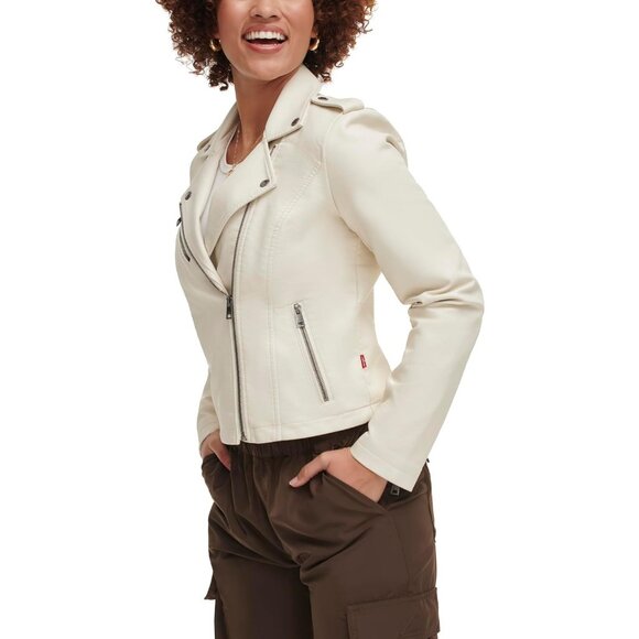 Women's The Classic Faux Leather Moto Jacket Font Full Zipper White Oyster - Picture 2 of 5